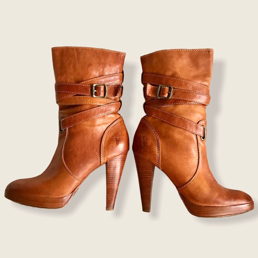 Frye Harlow Multi-Strap Cognac Cute Stiletto Boots - Picture 4 of 15